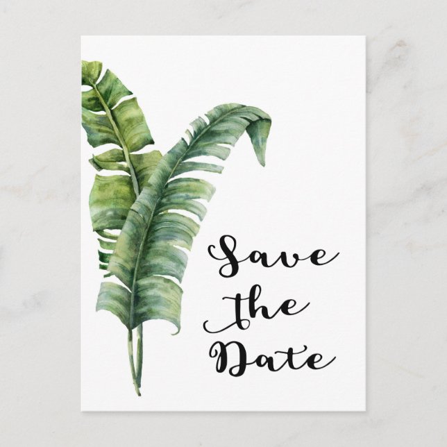 Två Eleganter Handflatan Lämnar Tropical Save Date Meddelande Vykort (Framsida)