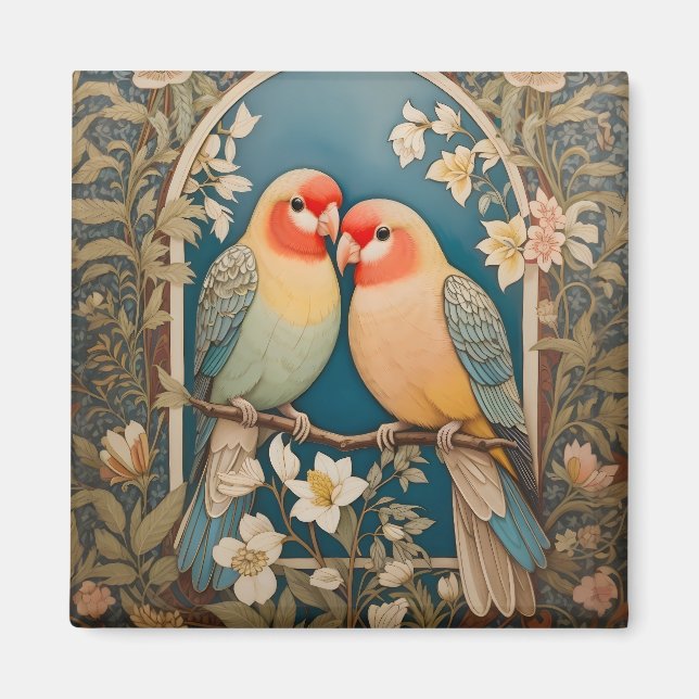 Två Eleganters Lovebird Vintage Blommigt Magnet (Framsidan)