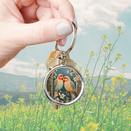 Två Eleganters Lovebird Vintage Blommigt Rund Silverfärgad Nyckelring