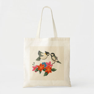 Två fåglar och blommor - naturinspirerad Tote Bag Tygkasse