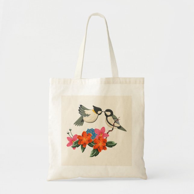 Två fåglar och blommor - naturinspirerad Tote Bag Tygkasse (Framsidan)