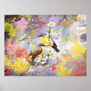 Två fåglar på körsbärsbäret blommar gren poster