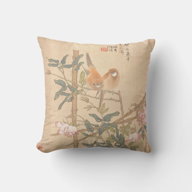 Två fåglar på Ro Bamboo Trellis Oriental Art Kudde (Framsida)