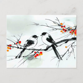 Två fåglar Perched på en Gren bläck art Vykort