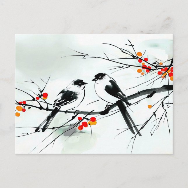 Två fåglar Perched på en Gren bläck art Vykort (Framsida)
