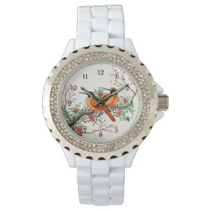 Två fåglar vid Blommar Gren Armbandsur