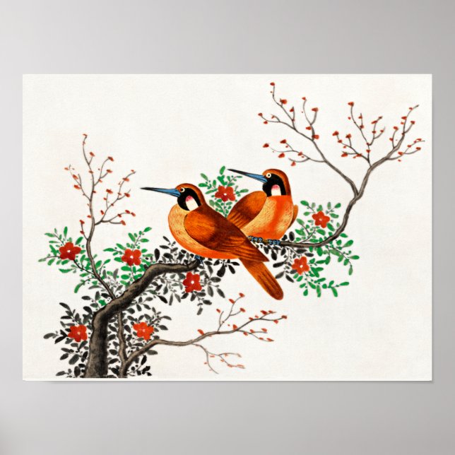 Två fåglar vid Blommar Gren Poster (Framsidan)