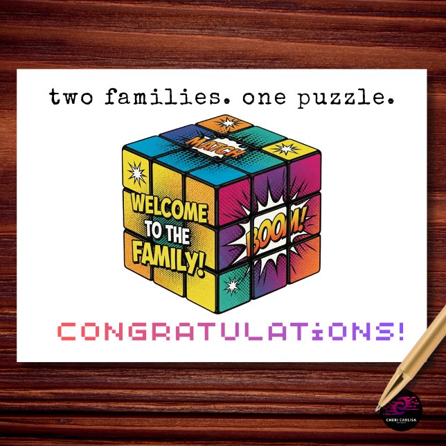 Två Familjer Ett Pussel Bröllop Grattis Kort (two families. one puzzle. the perfect match deserves a bold congratulations.)