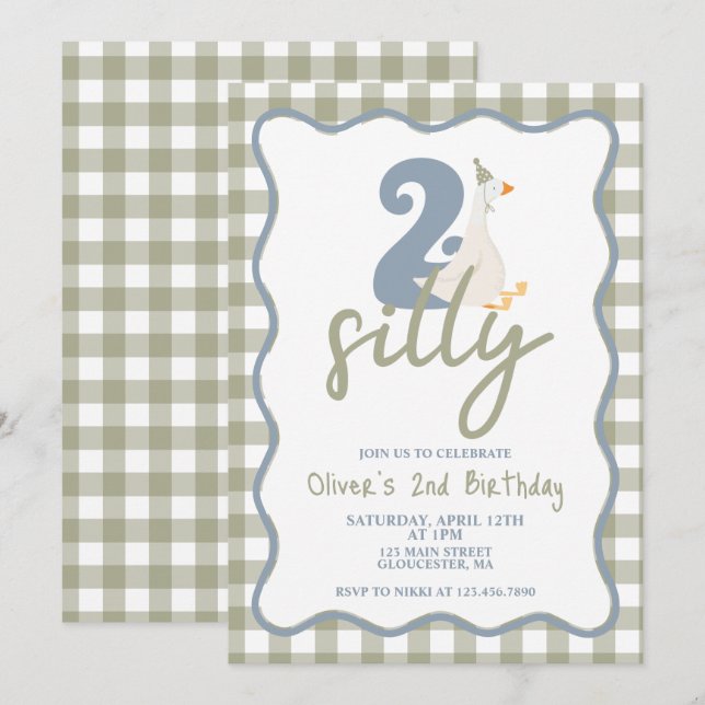 TVÅ Fånig Blått och grönt 2:a födelsedag Inbjudningar (Fram/baksida)