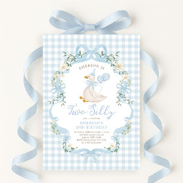 Två Fånig: Goose Blue Bow Girl 2:a födelsedagen Inbjudningar