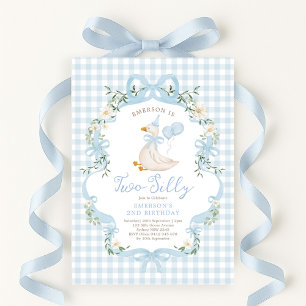 Två Fånig: Goose Blue Bow Girl 2:a födelsedagen Inbjudningar