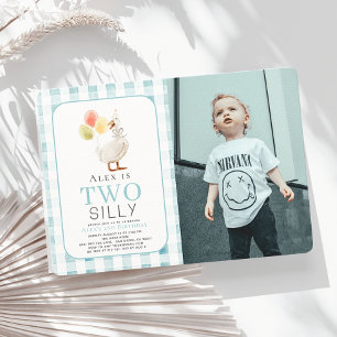 Två Fånig Goose Blue Gingham Boy 2 Birthday Inbjudningar