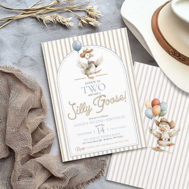 TVÅ Fånig Goose Cowboy Western Boy 2:a födelsedage Inbjudningar (TWO Silly Goose modern western wild west neutral ticking pinstripe 2nd birthday party invitation )