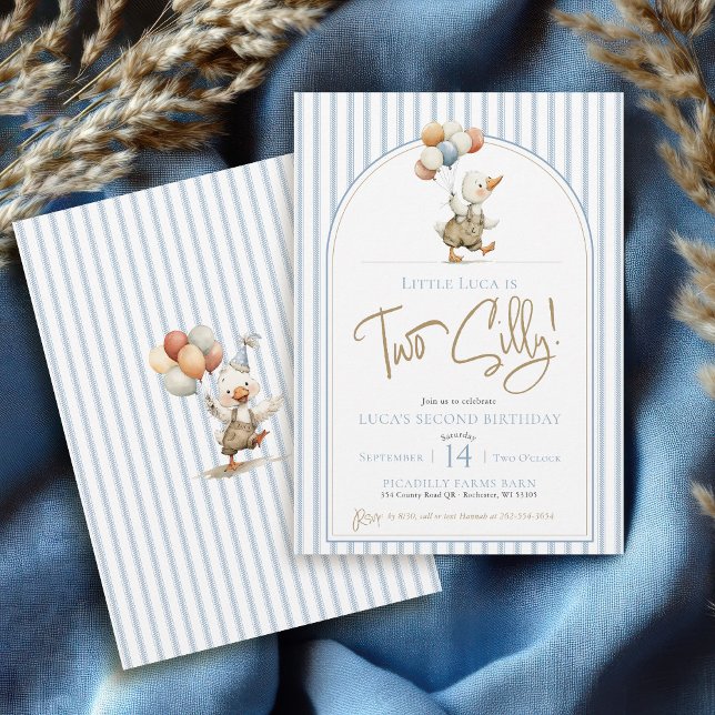 Två Fånig Goose Cute Streck Boy, andra födelsedage Inbjudningar (Funny boy second birthday TWO SILLY Goose blue ticking pinstripe arch modern whimsical farm animals)