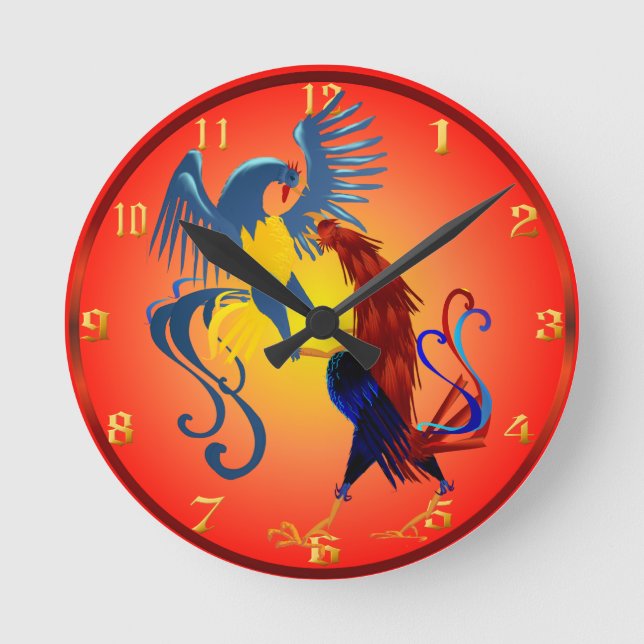 Två färgrika stridighettuppar Wallclock Rund Klocka (Framsida)