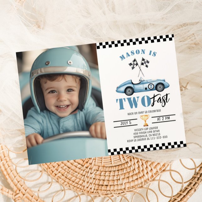 Två Fast Blue Photo Tävling car Boy 2:a födelsedag Inbjudningar (Skapare uppladdad)