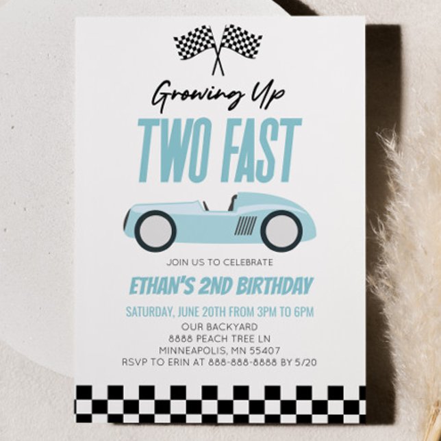 Två Fast Blue Racecar Tävling-kort 2:a födelsedag  Inbjudningar (Skapare uppladdad)