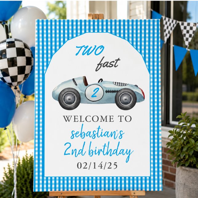 Två Fast Blue Tävling-kort, andra födelsedag Party Poster (Two Fast Blue Race Car 2nd Birthday Party Poster)