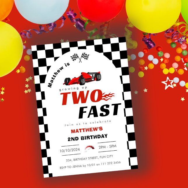 Två Fast Boy 2:a födelsedag Red Tävla Car Inbjudningar (Two Fast 2nd Birthday Red Racing Car Invitation)