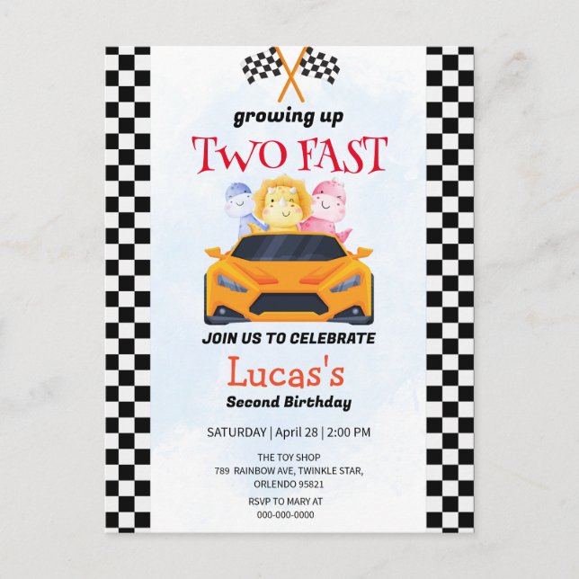 Två Fast Dinosaur-Tävling-bilar, andra födelsedag  Vykort (Framsida)