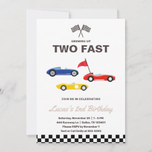 Två Fast Tävling Car Boy 2:a födelsedagen Party Inbjudningar