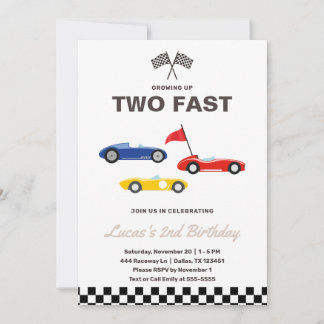 Två Fast Tävling Car Boy 2:a födelsedagen Party Inbjudningar