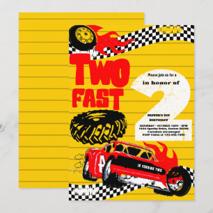 Två Fast Tävling Car Boy 2:a födelsedagen Party Inbjudningar