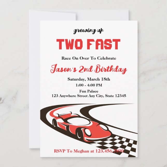 Två Fast Tävling Car Boy 2:a födelsedagen Party Inbjudningar (Framsida)