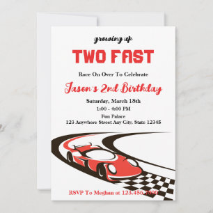 Två Fast Tävling Car Boy 2:a födelsedagen Party Inbjudningar