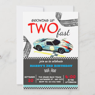 Två Fast Tävling Car Boy 2:a födelsedagen Party Inbjudningar