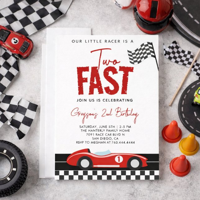 Två Fast Tävling Car Boy 2:a födelsedagen Party Inbjudningar (Two Fast Race Car Boy 2nd Birthday Party Invitation
)