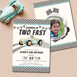 Två Fast Tävling Car Boy 2:a födelsedagen Party Inbjudningar