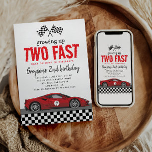 Två Fast Tävling Car Boy 2:a födelsedagen Party Inbjudningar