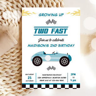Två Fast Tävling Car Boy 2:a födelsedagen Party Inbjudningar