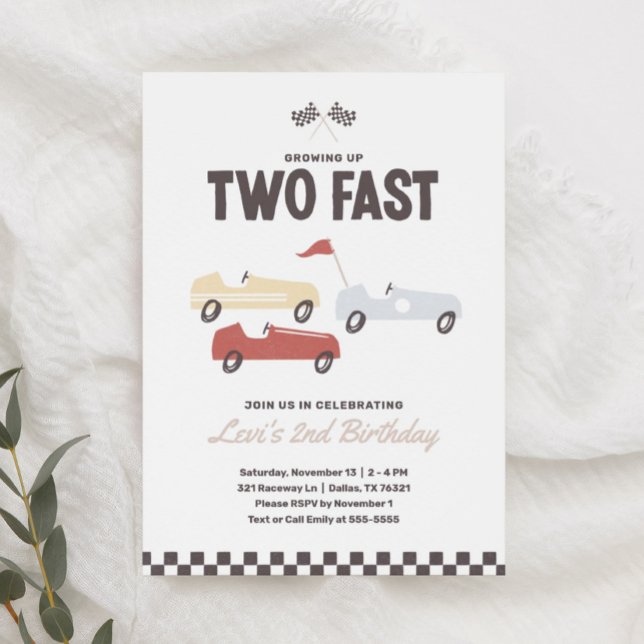 Två Fast Tävling Car Boy 2:a födelsedagen Party Inbjudningar (Skapare uppladdad)