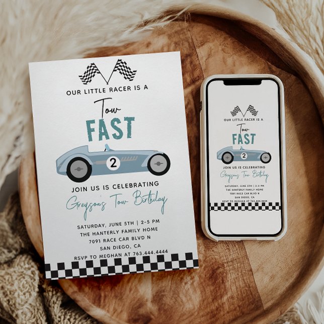 Två Fast Tävling Car Boy 2:a födelsedagen Party Inbjudningar (Skapare uppladdad)