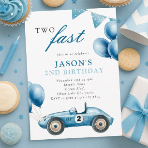 Två Fast Tävling Car Boy 2:a födelsedagen Party Inbjudningar