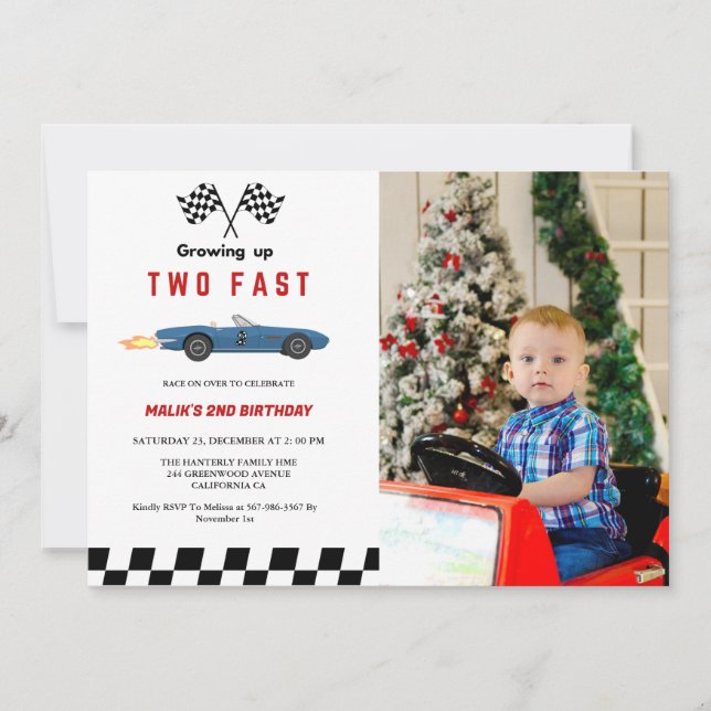 Två Fast Tävling Car Boy 2:a födelsedagen Party Inbjudningar (Framsida)