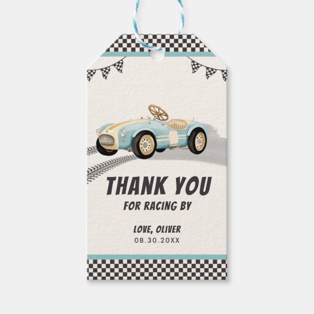 Två Fast Tävling Car Boy 2:a födelsedagen Party Presentetikett (Framsidan)