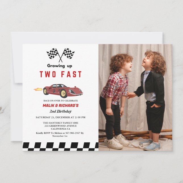 Två Fast Tävling Car Boy 2:a gemensamma Födelsedag Inbjudningar (Framsida)