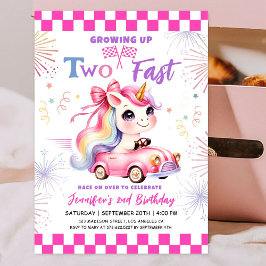 Två Fast Tävling Rosa Car Girl 2:a födelsedagen Pa Inbjudningar