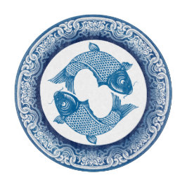 Två fiskekarp Pisces Chinoiserie Blue Mönster