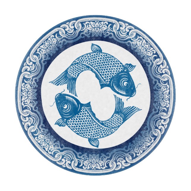 Två fiskekarp Pisces Chinoiserie Blue Mönster (Framsidan)