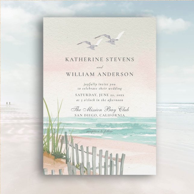 Två Fiskmås Oceanen Beach Fence Art Elegant bröllo Inbjudningar (beach wedding invitation dreamy watercolor ocean fence seagulls formal modern classic)