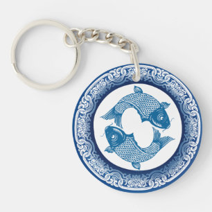 Två fiskpisces Koi Carp Chinoiserie Blue Mönster