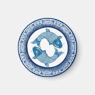 Två fiskpisces Koi Carp Chinoiserie Blue Mönster Magnet