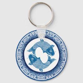 Två fiskpisces Koi Carp Chinoiserie Blue Mönster Nyckelring