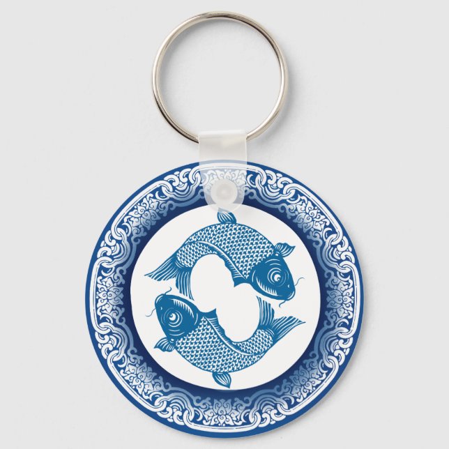 Två fiskpisces Koi Carp Chinoiserie Blue Mönster Nyckelring (Framsida)