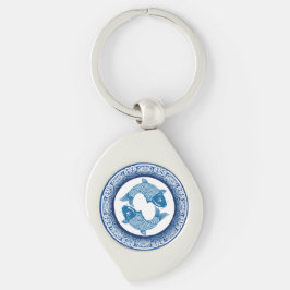 Två fiskpisces Koi Carp Chinoiserie Blue Mönster Swirl Silverfärgad Nyckelring