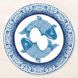 Två fiskpisces Koi Carp Chinoiserie Blue Mönster Underlägg Papper Rund